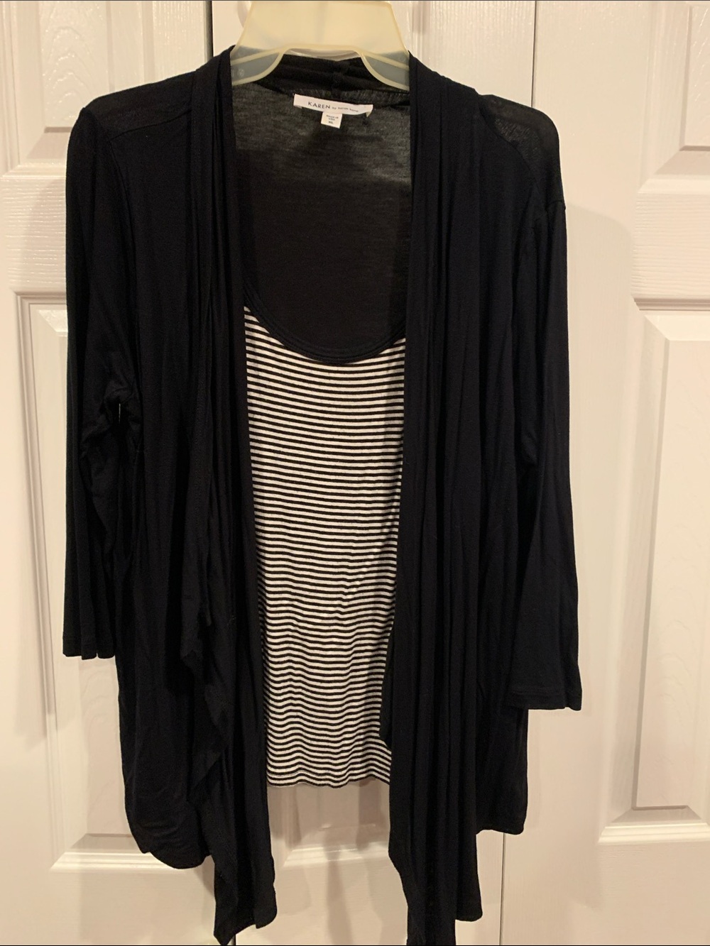 Karen Kane Black Draped Cardigan with Black and White Striped Tank